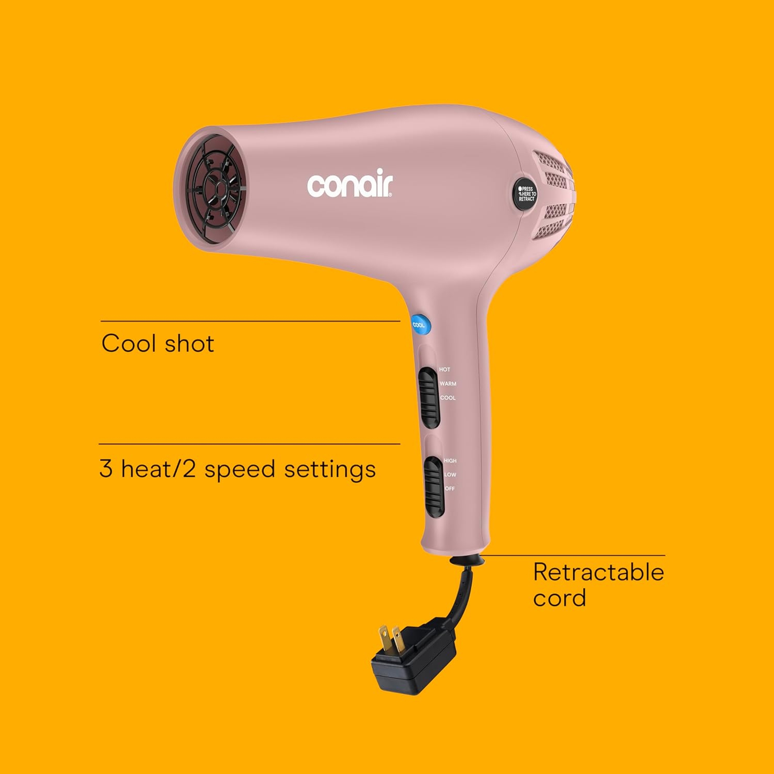 Conair Ionic Ceramic Cord-Keeper Hair Dryer, Matte Light Pink, 1 Count - 1875W, 3 Heat Settings for All Hair Types 2