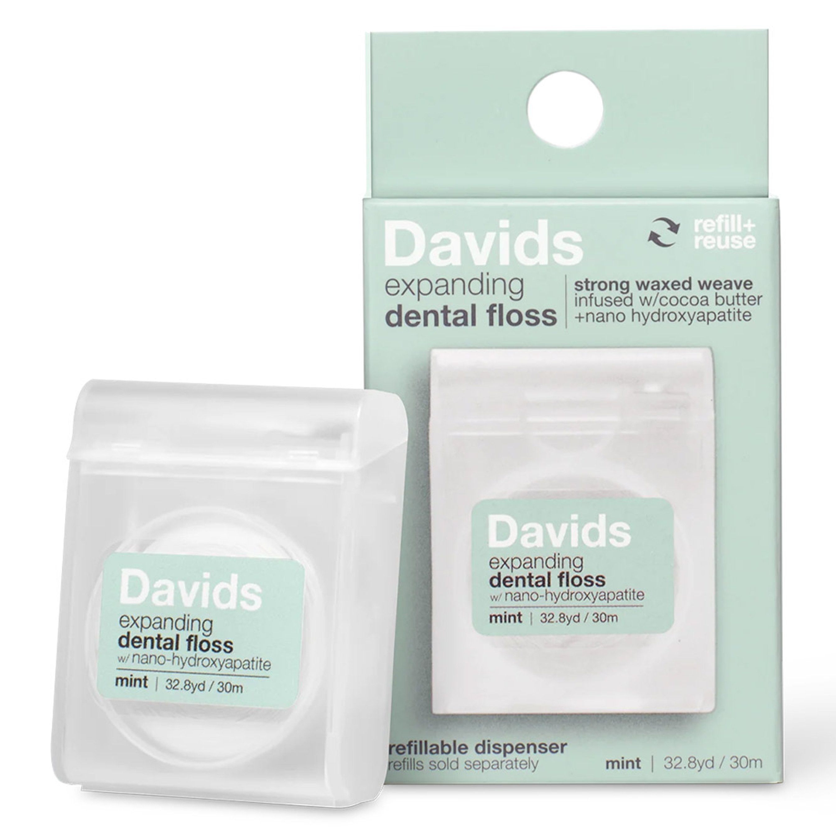 Davids Expanding Dental Floss 30m with Refillable Dispenser - Mint, Woven Strands with Hydroxyapatite 8