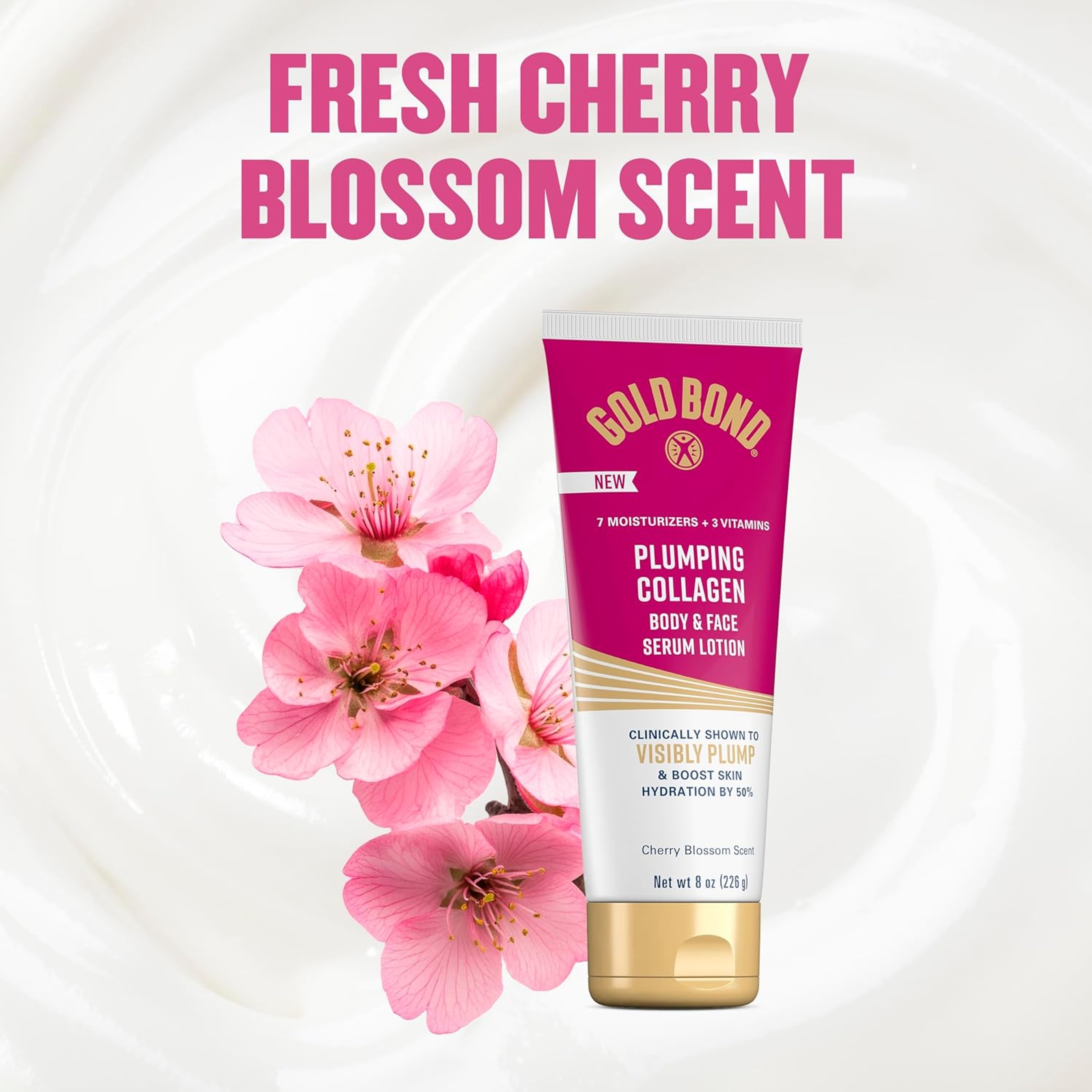 Gold Bond Plumping Collagen Body & Face Serum Lotion 8 oz - Hydrating Moisturizer, Cherry Blossom Scent 7