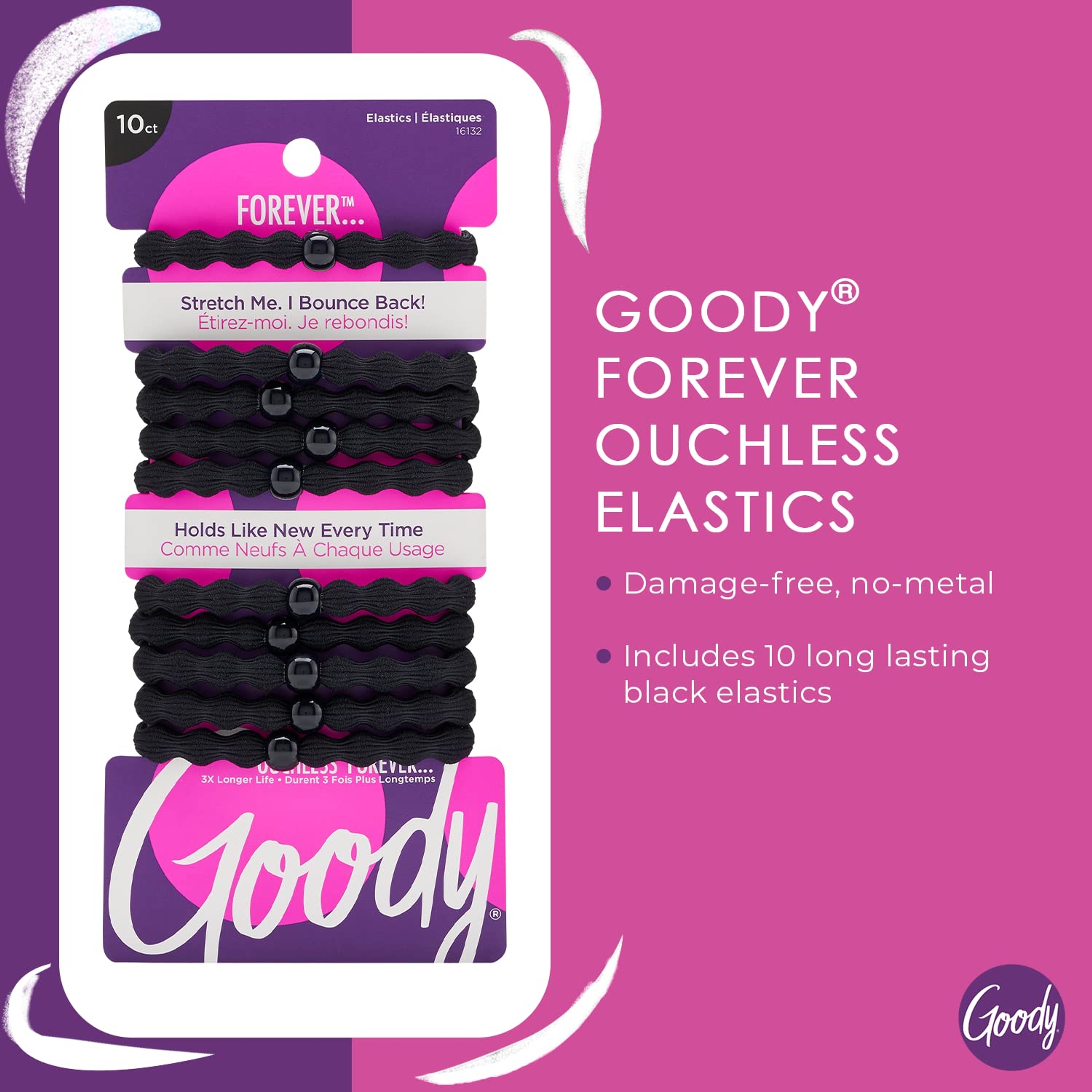 Goody Ouchless Forever Hair Elastics, Black, 10 Count - Damage-Free Bands, 3X Stronger Hair Ties, Retainable Shape 2