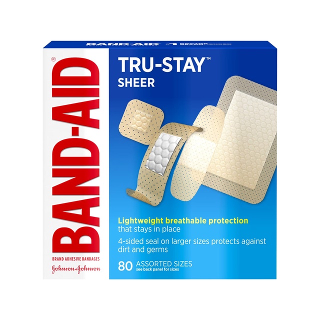 Band-Aid Brand Tru-Stay Sheer Adhesive Bandages 80 Count - Assorted Sizes, Flexible Comfort for Minor Cuts & Scrapes