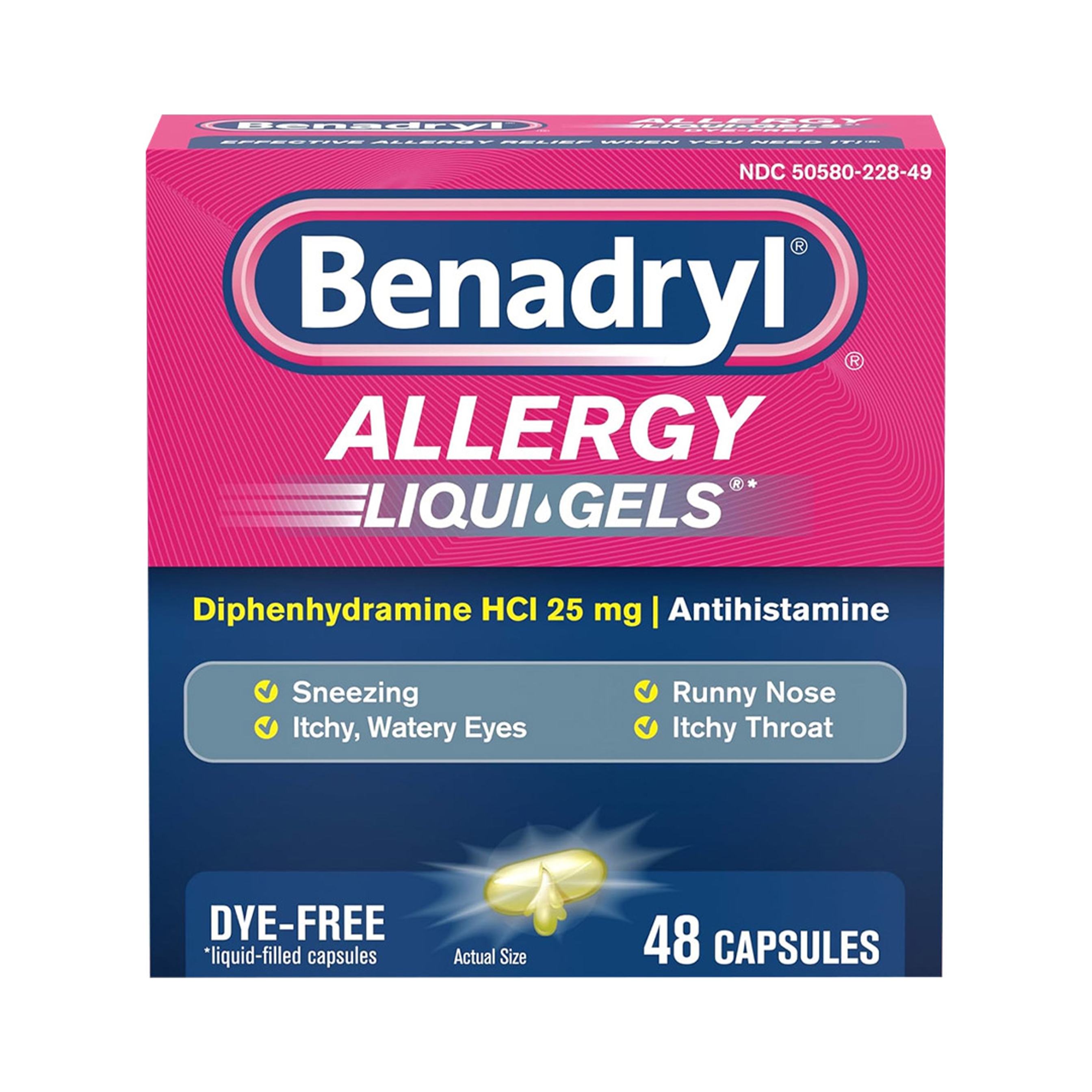 Benadryl Liqui-Gels Allergy Medicine 48 Count - Dye-Free Liquid Gel Capsules with 25mg of Diphenhydramine HCl 1