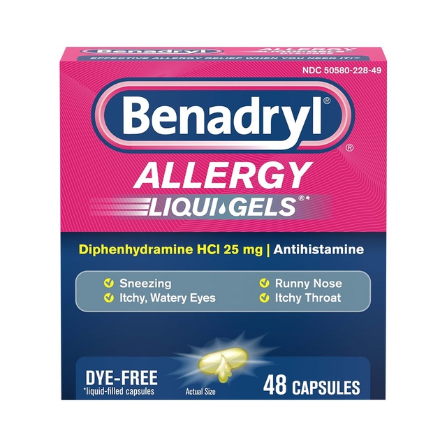 Benadryl Liqui-Gels Allergy Medicine 48 Count - Dye-Free Liquid Gel Capsules with 25mg of Diphenhydramine HCl