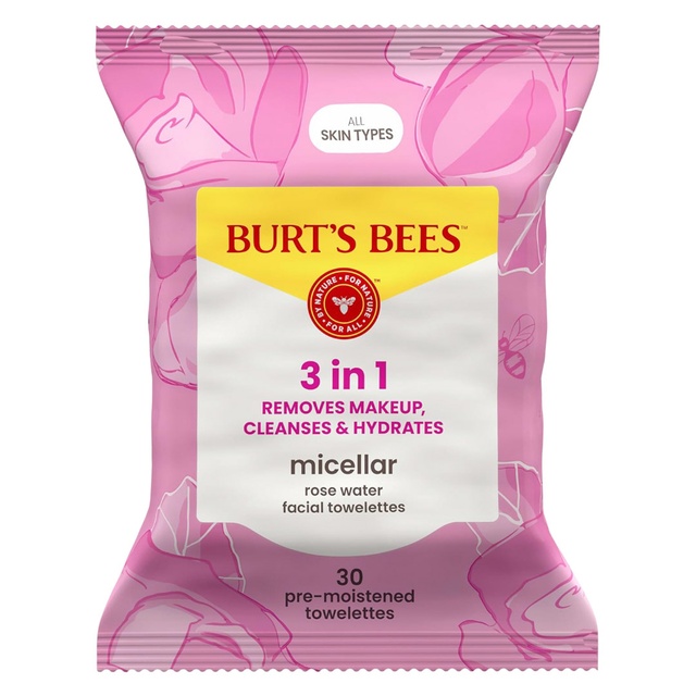 Burt's Bees Micellar Rose Water Facial Towelettes 30 Count - Daily Cleansing Wipes for All Skin Types