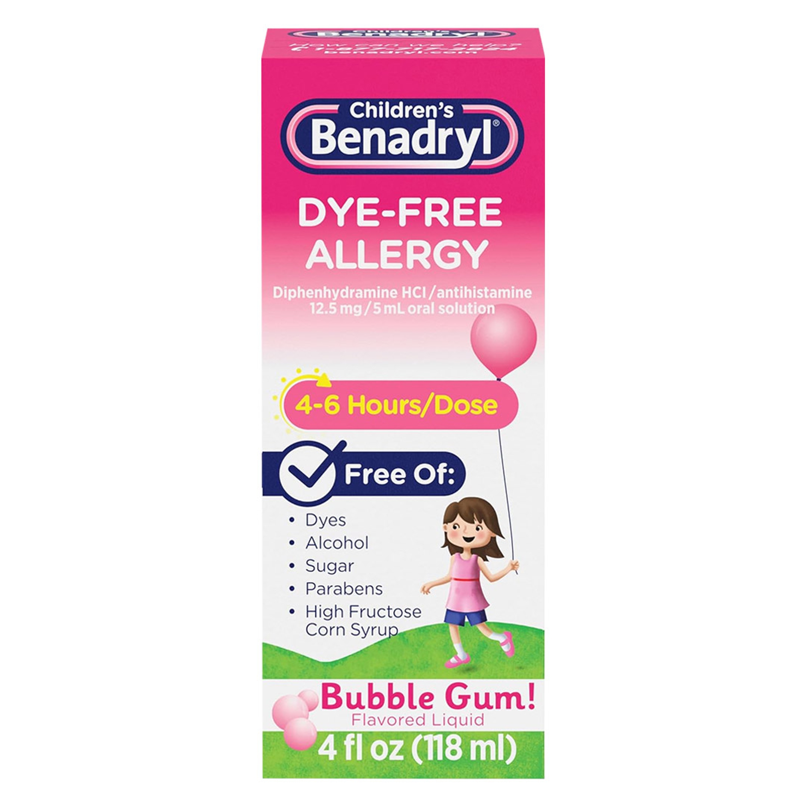 Children’s Benadryl Dye-Free Allergy Liquid, Bubble Gum Flavor, 4 fl.oz  - Antihistamine Allergy Relief Medicine for Kids 1