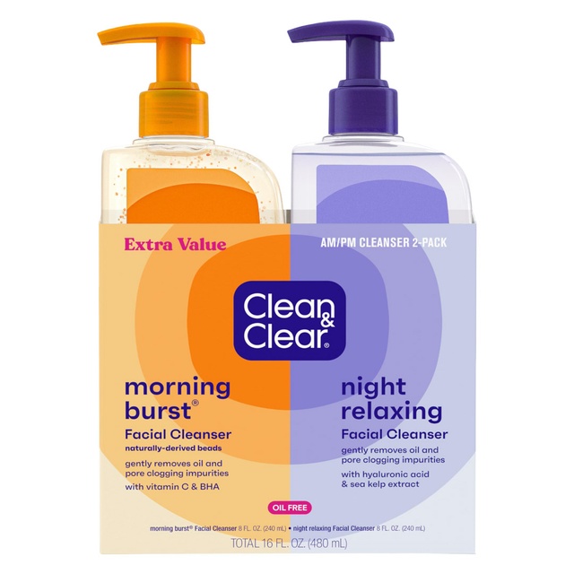Clean & Clear Morning Burst & Night Relaxing Facial Cleansers, 16 fl.oz Total - Citrus Scent, Oil-Free Face Wash for Daily Cleansing