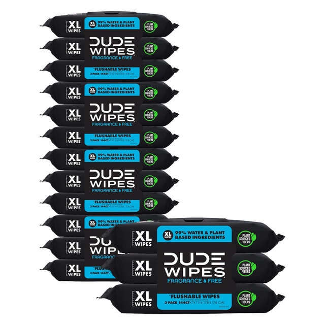 DUDE Wipes Fragrance Free Flushable Wipes 48 Count (Pack of 15) - Extra-Large Adult Wet Wipes for Sensitive Skin
