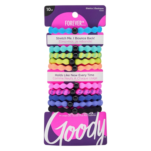 Goody Ouchless Forever Hair Elastics, Neon Rainbow, 10 Count - Damage-Free Bands, 3X Stronger Hair Ties, Retainable Shape