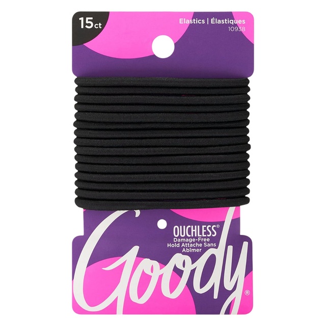 Goody Ouchless Hair Elastics, Black, 15 Count - No Pull, No Breakage, Tangle-Free Hold for Thick, Curly, Coily & Textured Hair