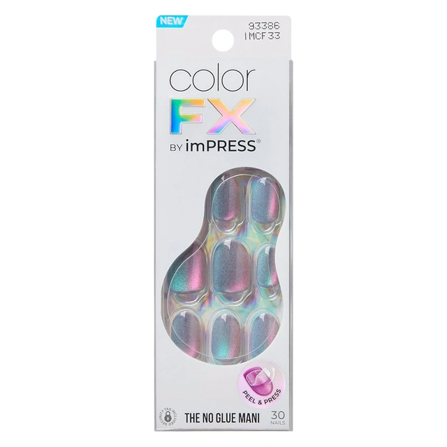 imPRESS colorFX No Glue Mani Press On Nails, Fly Up, 30 Count - Silver & Blue Short Oval Chrome Effect