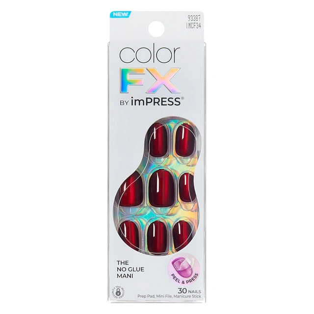 imPRESS colorFX No Glue Mani Press On Nails, Hidden Gem, 30 Count - Red Short Oval Chrome Effect