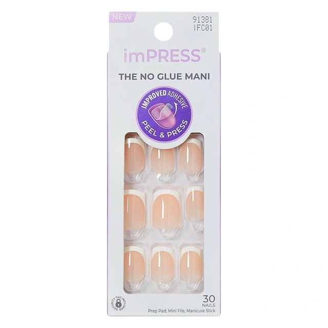 imPRESS No Glue Mani Press On Nails, Model, 30 Count - Classic French, Light Neutral & White Tip, Short Squoval