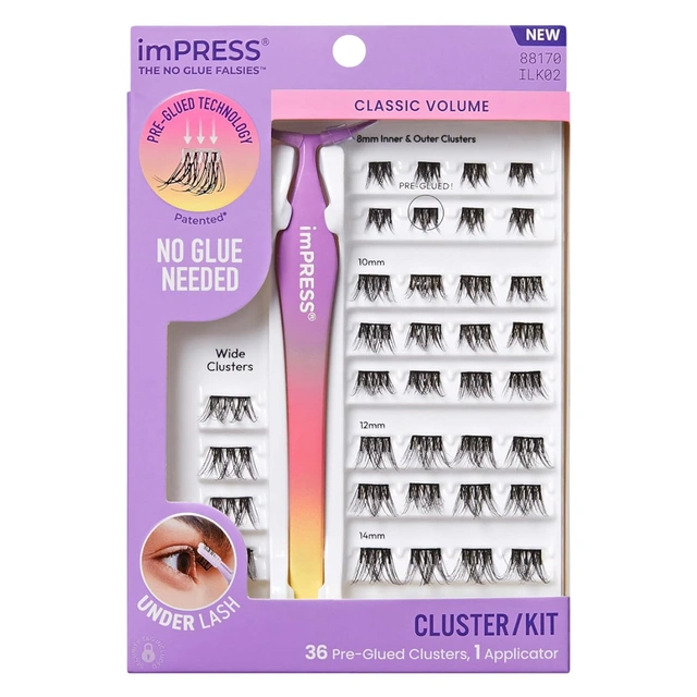 imPRESS Press-On Falsies Eyelashes, Classic Volume, 36 Clusters & 1 Non-Stick Applicator - No Glue Needed
