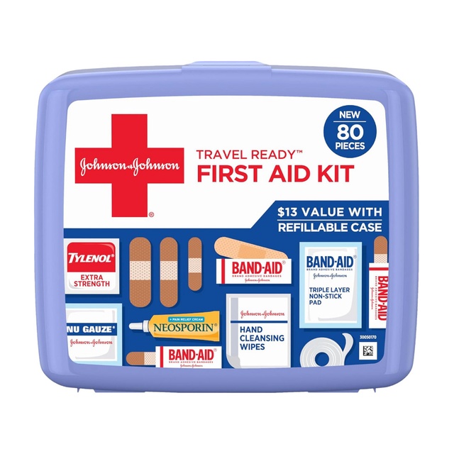 Johnson & Johnson Travel Ready Portable First Aid Kit 80 Pieces - Includes Band-Aid Bandages, Neosporin & Tylenol