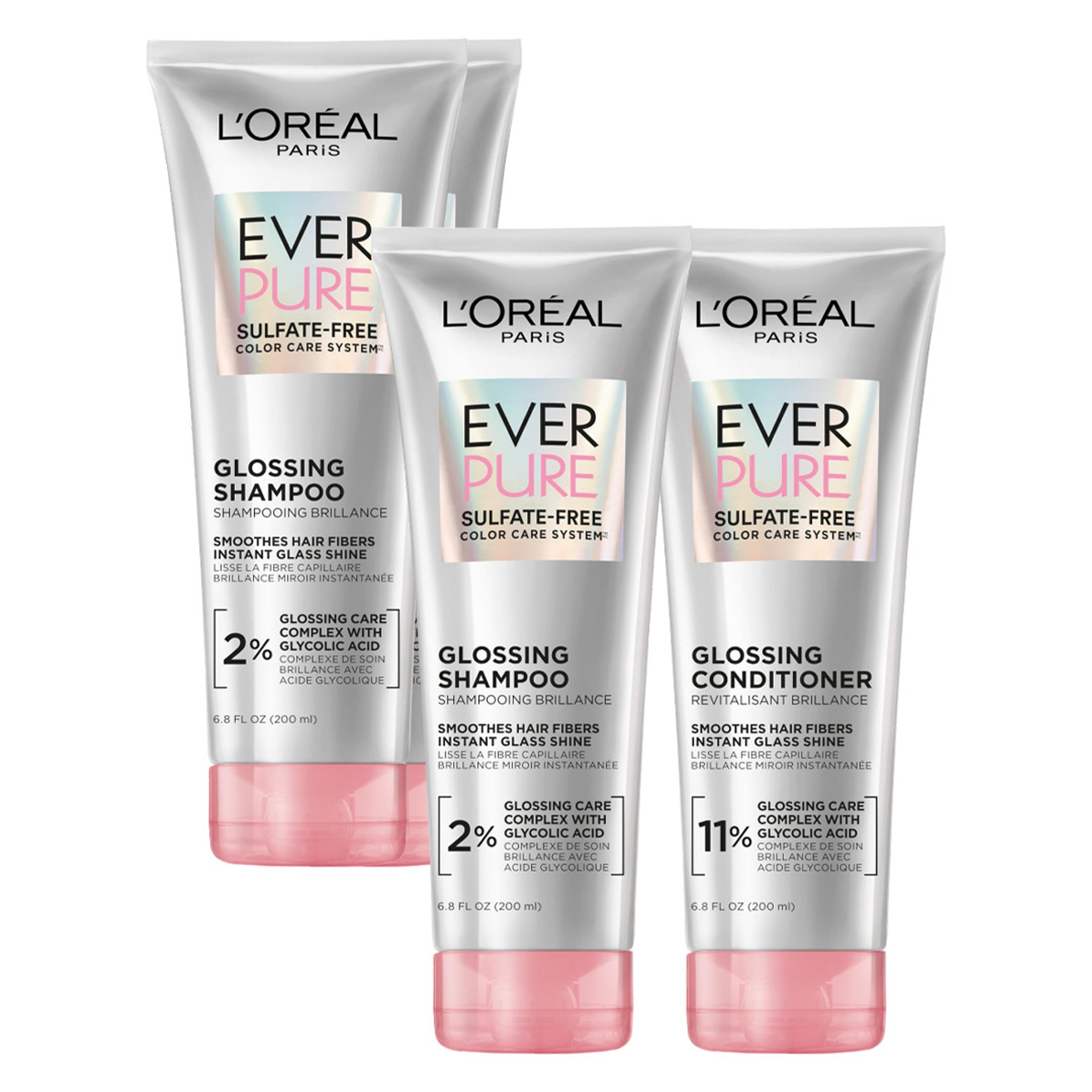 L'Oreal Paris EverPure Glossing Shampoo & Conditioner 6.8 fl.oz (Pack of 4) - Boost Shine & Smooth for Dull, Color-Treated Hair with Glycolic Acid 1