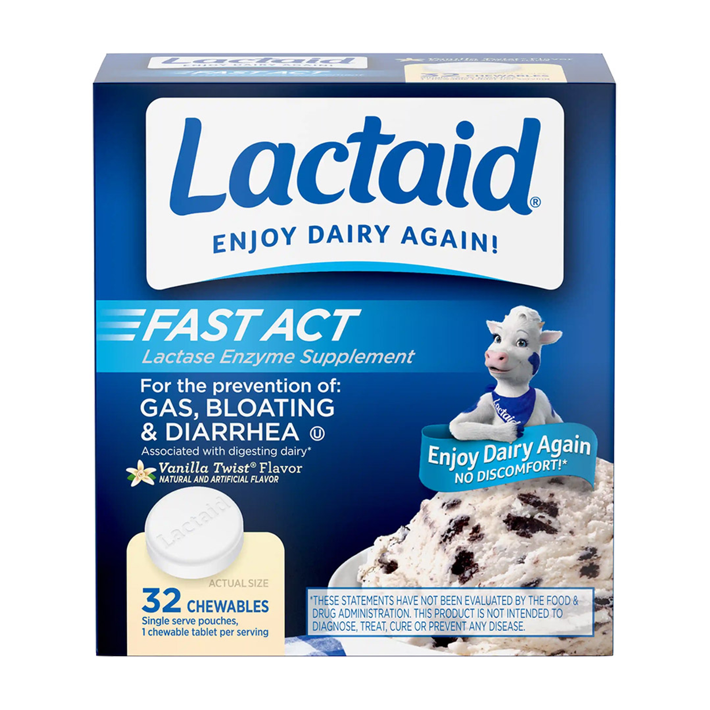 Lactaid Fast Act Chewable Lactase Enzyme Supplements 32 Count - Vanilla Twist Flavor, Helps Prevent Gas, Bloating & Diarrhea 1