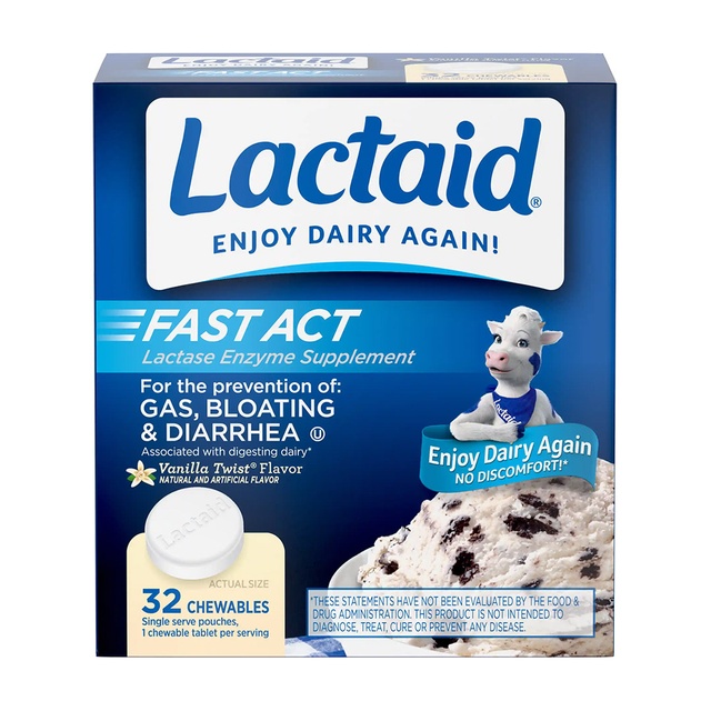 Lactaid Fast Act Chewable Lactase Enzyme Supplements 32 Count - Vanilla Twist Flavor, Helps Prevent Gas, Bloating & Diarrhea