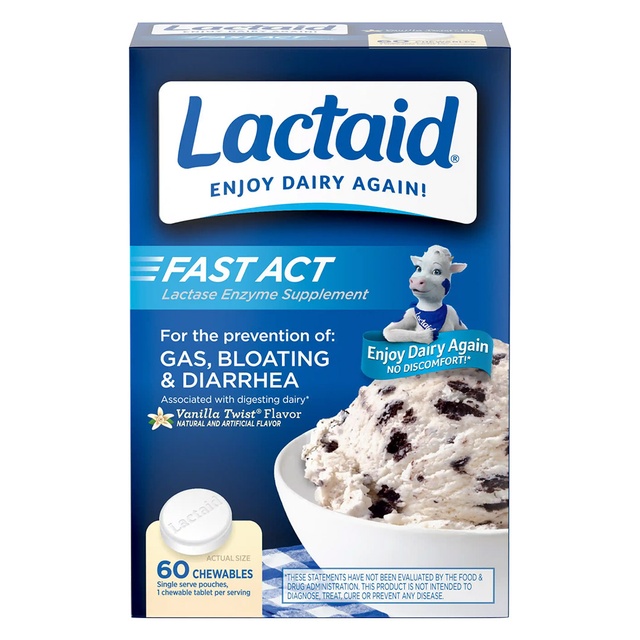 Lactaid Fast Act Chewable Lactase Enzyme Supplements 60 Count - Vanilla Twist Flavor, Helps Prevent Gas, Bloating & Diarrhea