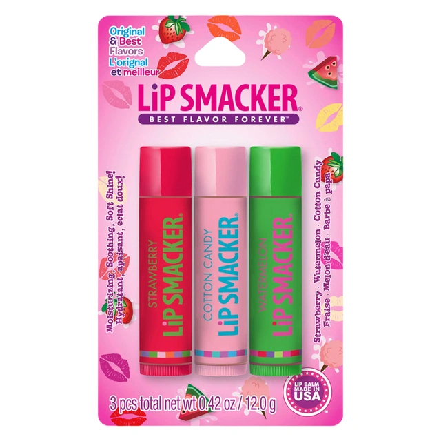 Lip Smacker Original & Best Trio 0.14 oz (Pack of 3) - Moisturizing Strawberry, Watermelon & Cotton Candy Flavors