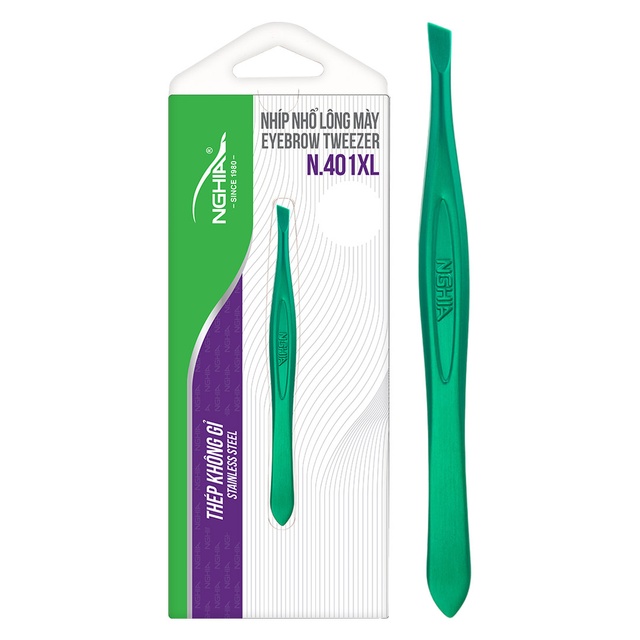 NGHIA Green Stainless Steel Slanted Tips Tweezers N-401XL 1 Count - General-Purpose Hair Removal & Shaping Eyebrows