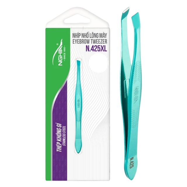 NGHIA Green Stainless Steel Slanted Tips Tweezers N-425G 1 Count - for General-Purpose Hair Removal & Shaping Eyebrows