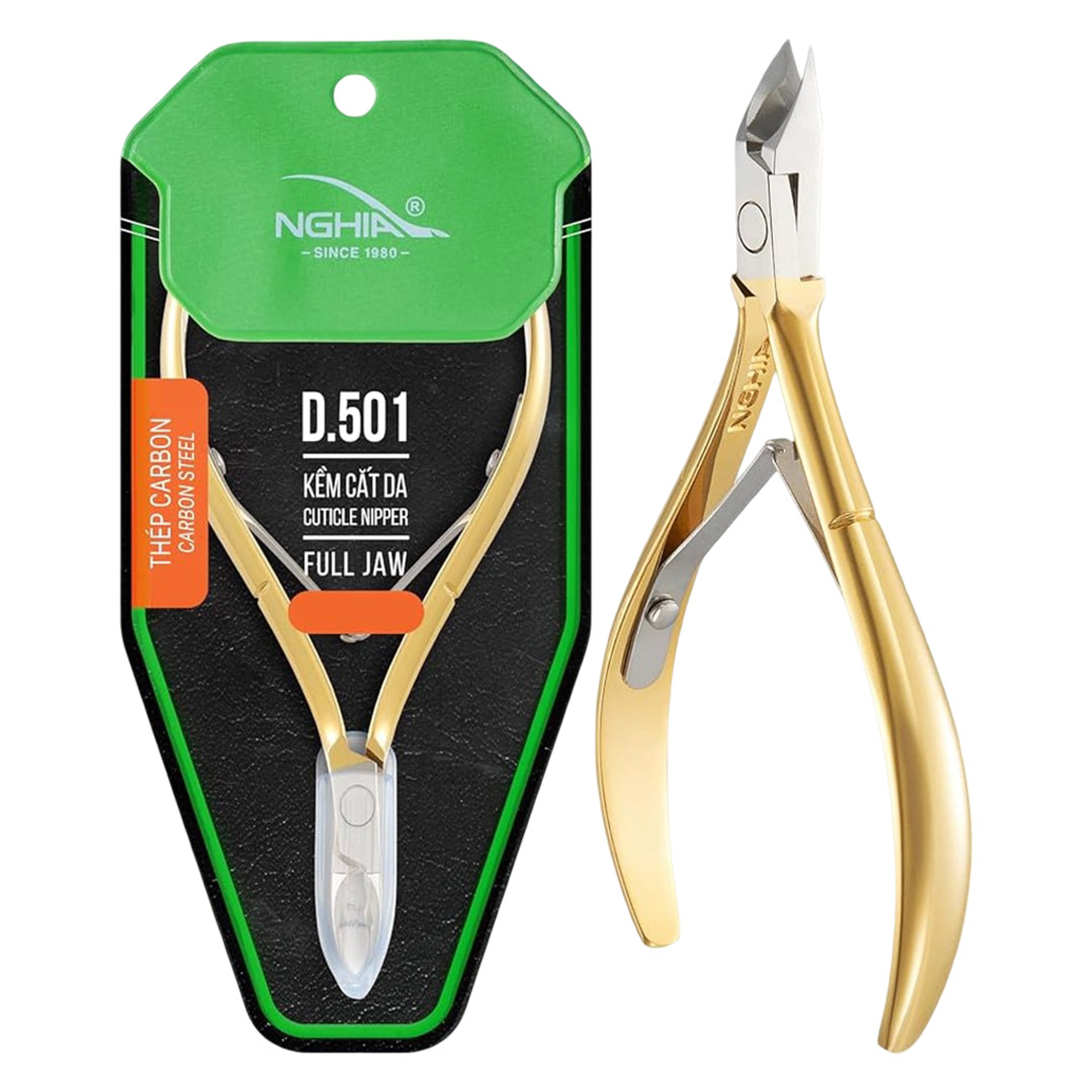 NGHIA Premium Hard Steel Cuticle Nipper D-501 1 Count - Precision Nail Tech Nipper with Gold & Grey Plated Double Spring Jaws 1