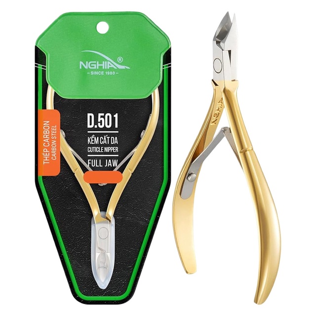NGHIA Premium Hard Steel Cuticle Nipper D-501 1 Count - Precision Nail Tech Nipper with Gold & Grey Plated Double Spring Jaws