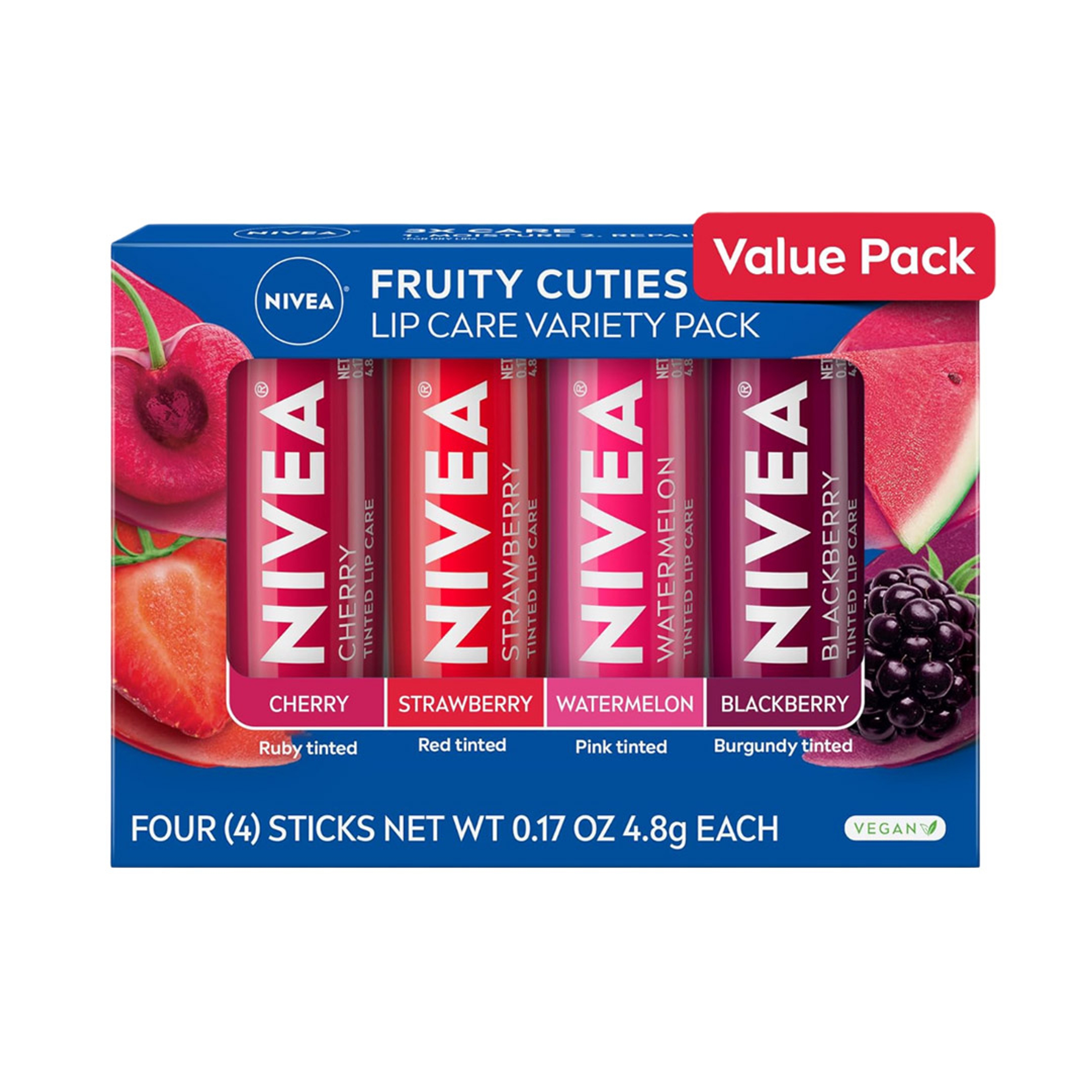 Nivea Fruity Cuties Lip Balm Variety Pack 0.17 oz (Pack of 4) - 3-in-1 Moisturizing Tinted Lip Balms 1