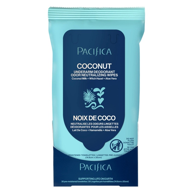 Pacifica Coconut Milk & Essential Oils Underarm Deodorant Wipes 30 Count - Helps Remove Odor, Aluminum-Free