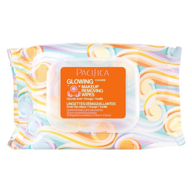 Pacifica Glowing Makeup Remover Wipes 30 Count - No Rinse Face Cleaning Towelettes with Glycolic Acid