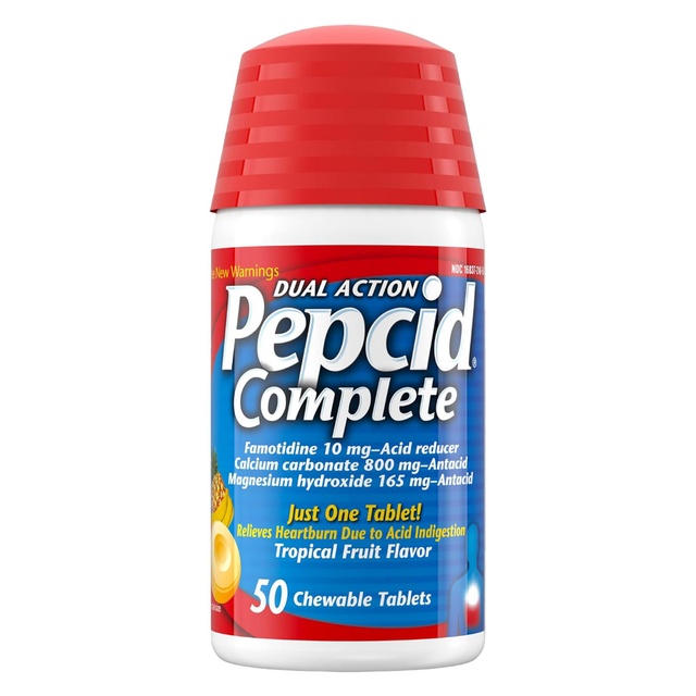 Pepcid Complete Acid Reducer + Antacid for Acid Reflux, 10mg Famotidine, 800mg Calcium Carbonate & 165mg Magnesium Hydroxide per Heartburn Tablet, Antacid Chews, Tropical Fruit, 50 ct