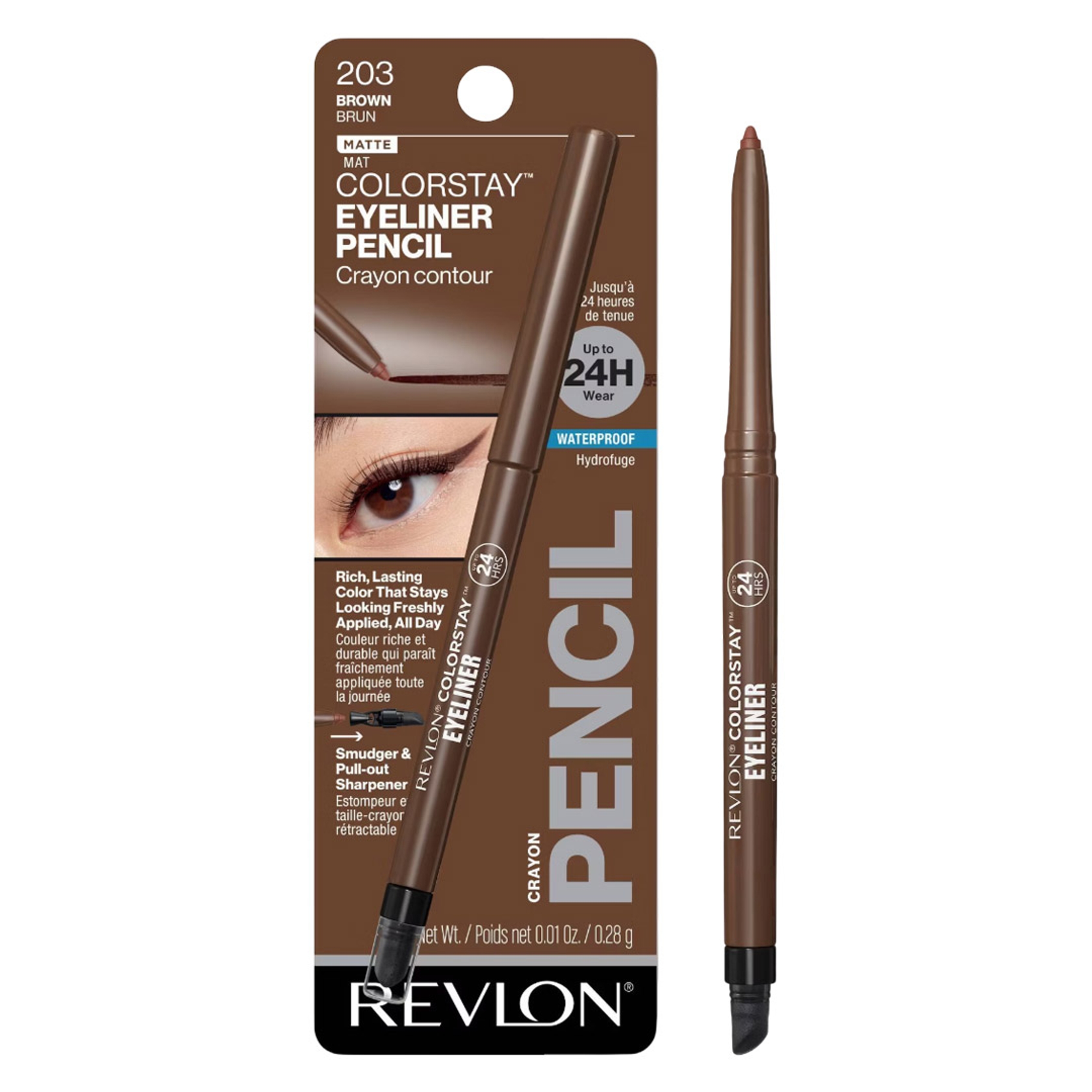 Revlon ColorStay Pencil Eyeliner, 203 Brown, 0.01 oz - Long-Wear Eyeliner with Built-In Sharpener, Smudge-Proof 1