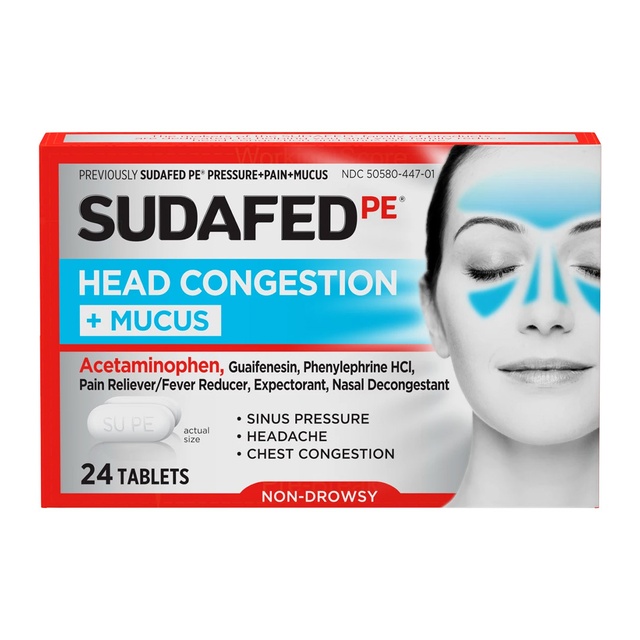 Sudafed PE Head Congestion Plus Mucus Relief Tablets for Sinus Pressure, Congestion and Headache, Non-Drowsy Decongestant with Acetaminophen, Guaifenesin, Phenylephrine HCI, 24 ct