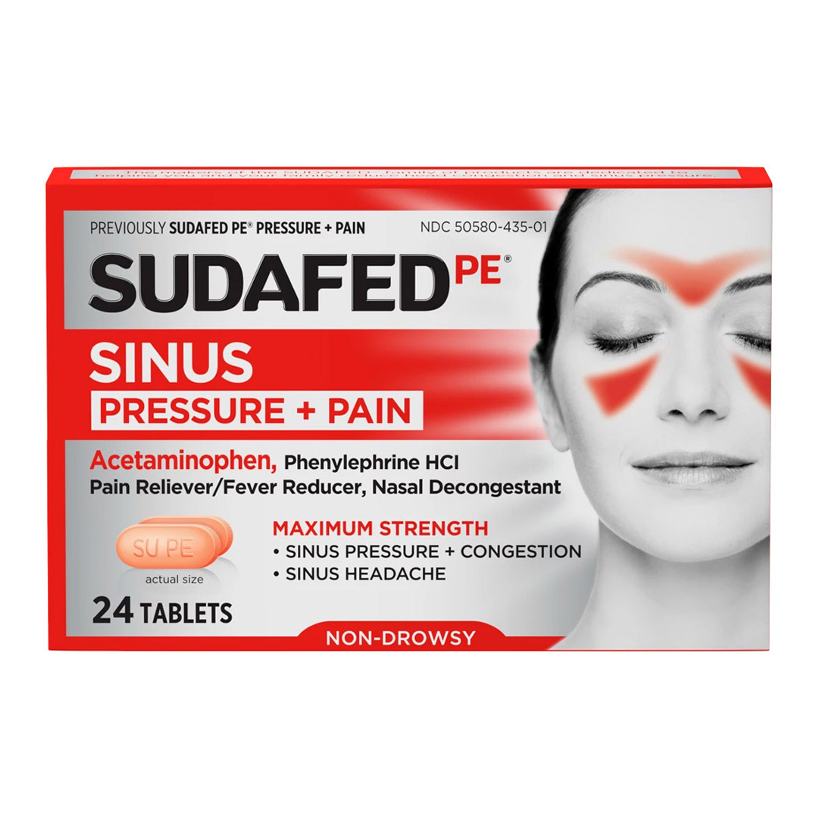 Sudafed PE Sinus Pressure Relief Plus Pain Relief Tablets, Maximum Strength, Non-Drowsy Decongestant, OTC Sinus Medicine with Acetaminophen and Phenylephrine HCl Nasal Decongestant, 24 CT 1