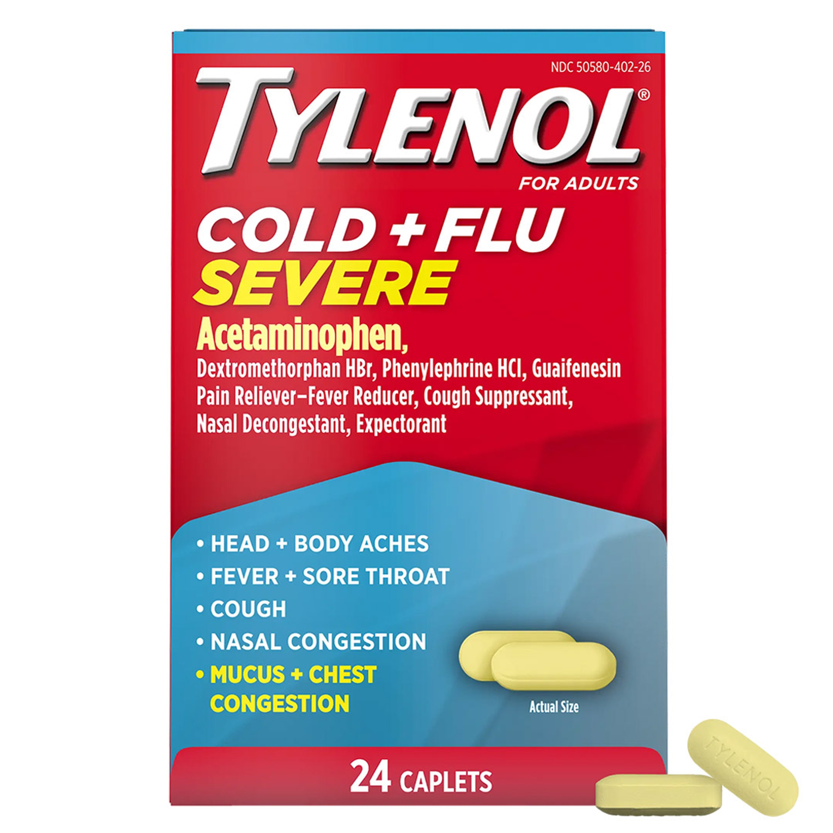 Tylenol Cold + Flu Severe Medicine Caplets for Cold & Flu Symptom Relief, Fever Reducer, Pain Reliever, Cough Suppressant, Nasal Decongestant & Expectorant with Acetaminophen, 24 ct. 1