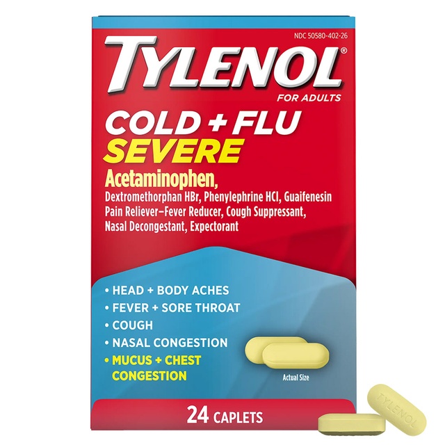 Tylenol Cold + Flu Severe Medicine Caplets for Cold & Flu Symptom Relief, Fever Reducer, Pain Reliever, Cough Suppressant, Nasal Decongestant & Expectorant with Acetaminophen, 24 ct.