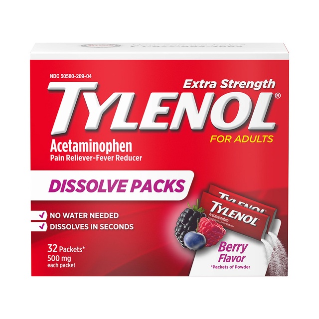Tylenol Extra Strength Dissolve Powder Packs, 500 mg Acetaminophen Pain Reliever & Fever Reducer Medicine, Fast Relief for Minor Aches & Pains, Ibuprofen- & Aspirin-Free, On-the-Go Berry Flavor, 32 Ct