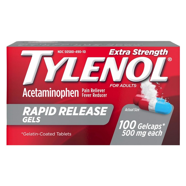 Tylenol Rapid Release Extra Strength Gelcaps, Acetaminophen 500 mg per Gel, Laser Drilled Holes Allow Fast, Strong Pain Relief, Fever Reducer, Gentle on Stomach, 100 Count Size