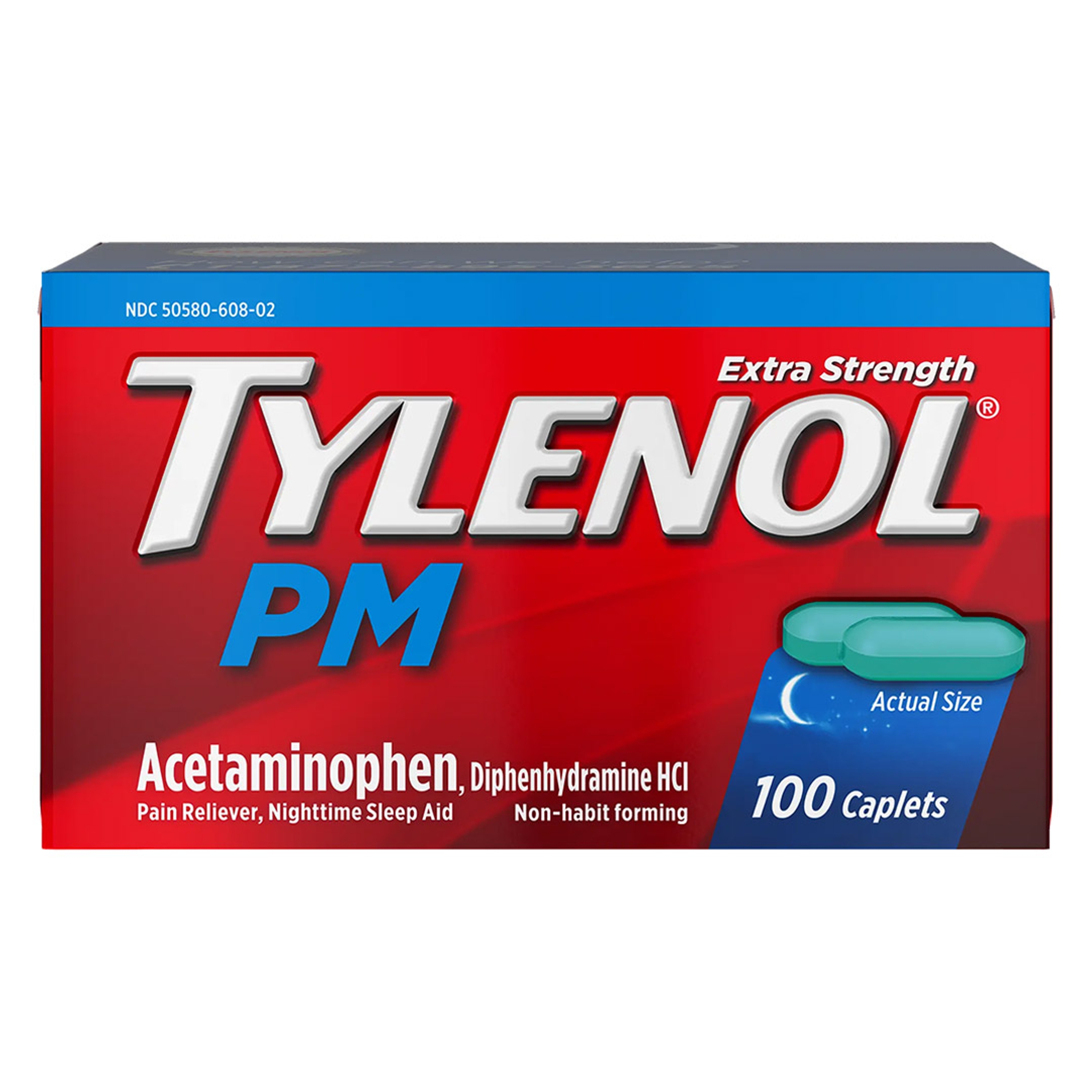 Tylenol PM Extra Strength Nighttime Pain Relief and Sleep Aid Caplets, Fast, Strong, Diphenhydramine HCl, Acetaminophen, Non‑Habit Forming, 100 Count Size 1