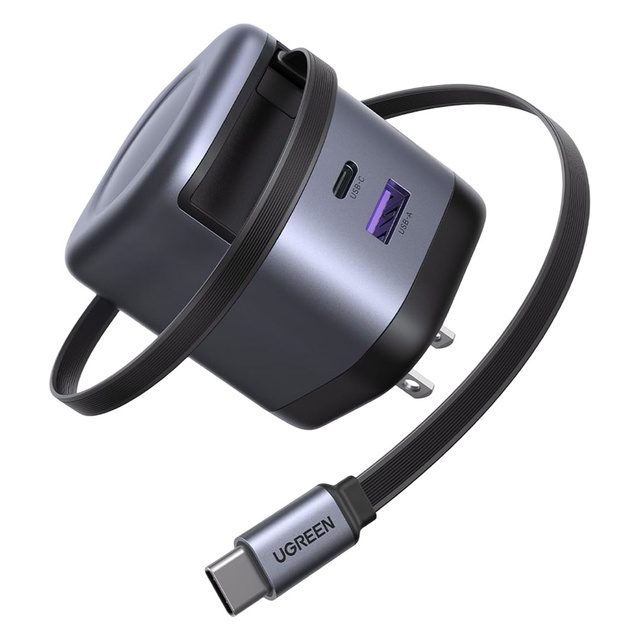 Ugreen Nexode 65W Charger with Retractable USB-C Cable 1 Count - 2-Port Fast Charging Wall Adapter