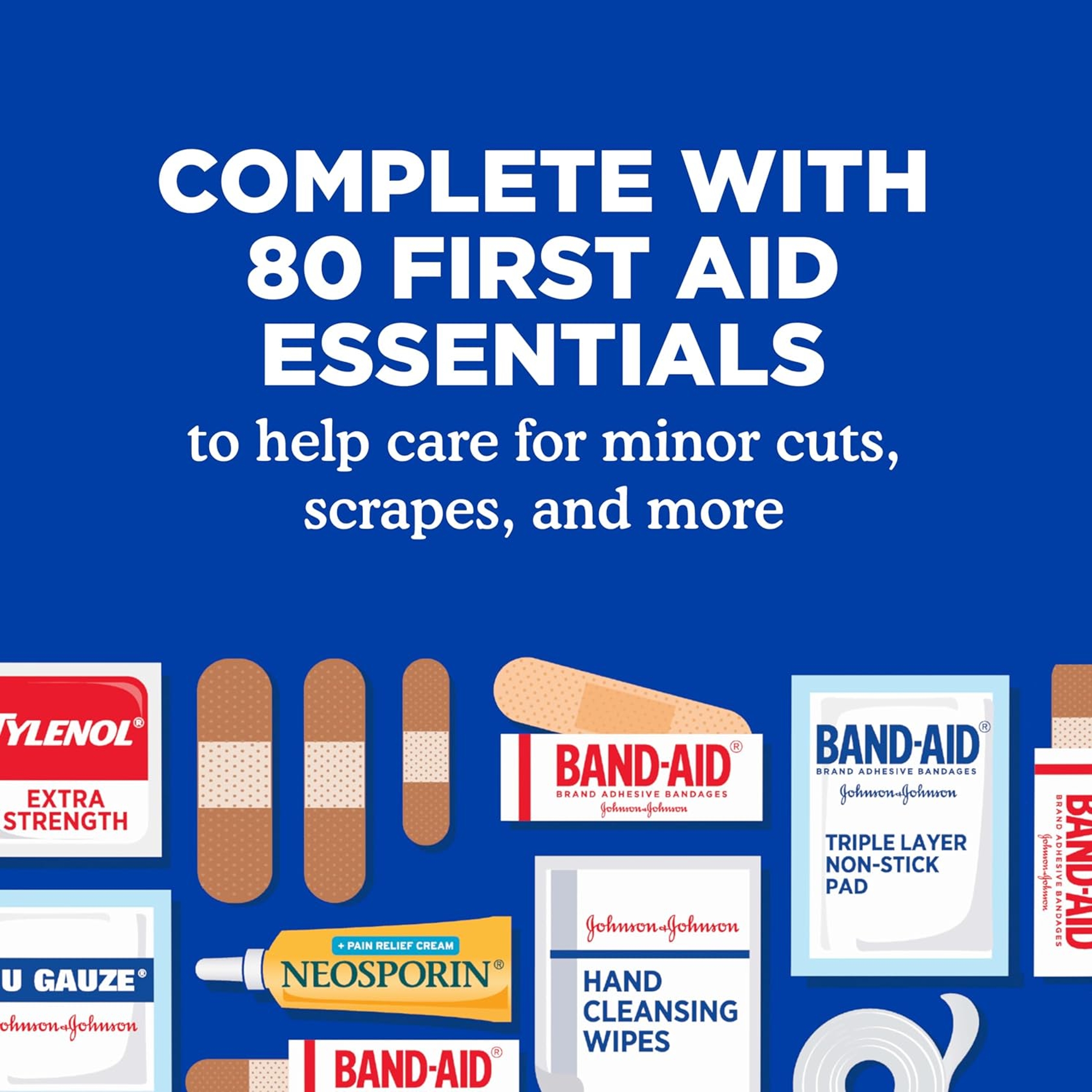 Johnson & Johnson Travel Ready Portable First Aid Kit 80 Pieces - Includes Band-Aid Bandages, Neosporin & Tylenol 5