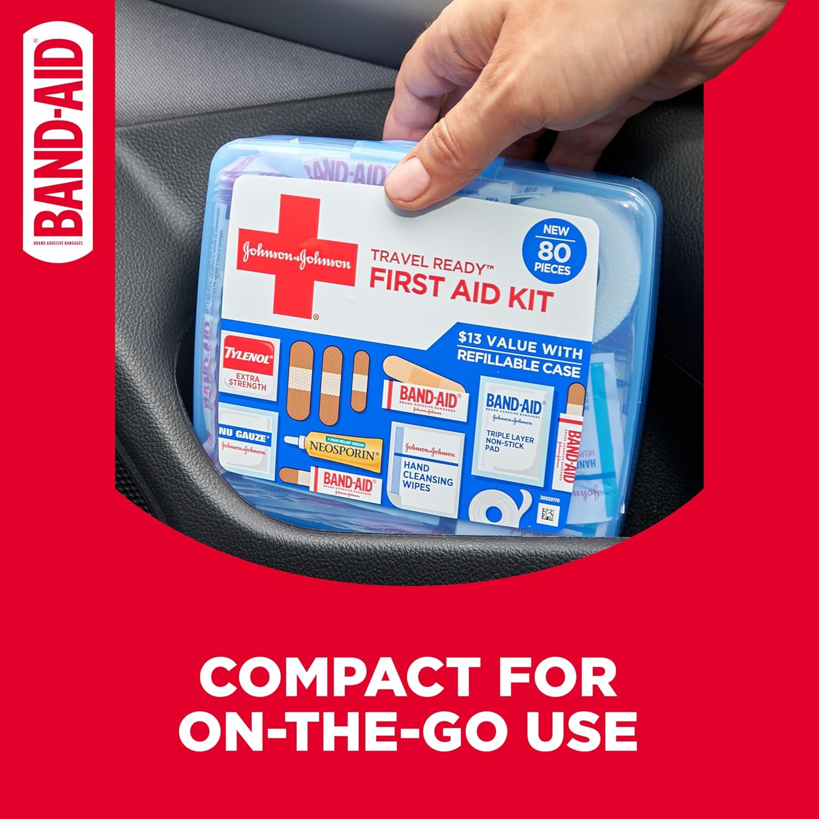 Johnson & Johnson Travel Ready Portable First Aid Kit 80 Pieces - Includes Band-Aid Bandages, Neosporin & Tylenol 4