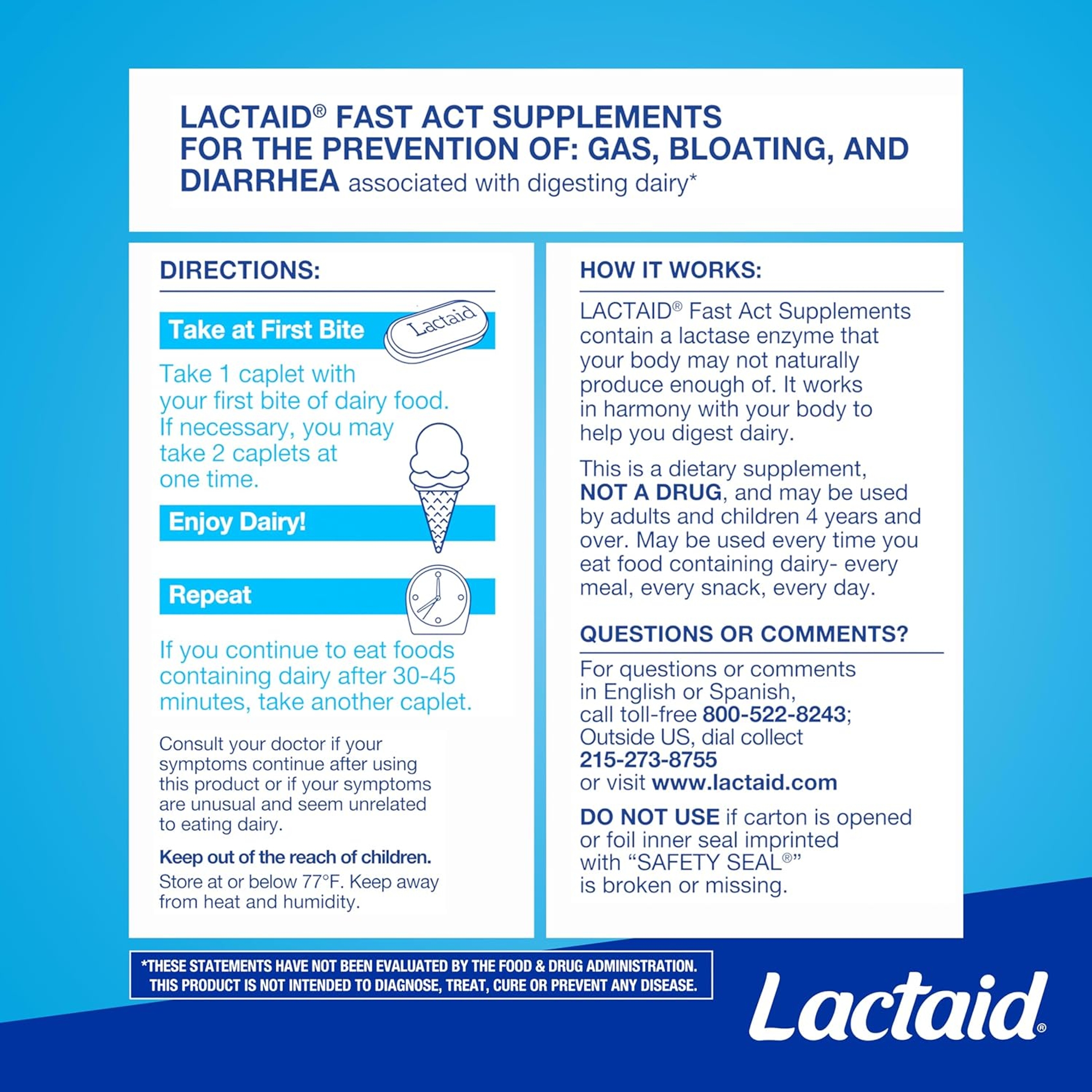 Lactaid Fast Act Lactase Enzyme Supplement Caplets 32 Count - Prevents Gas Bloating & Diarrhea 6