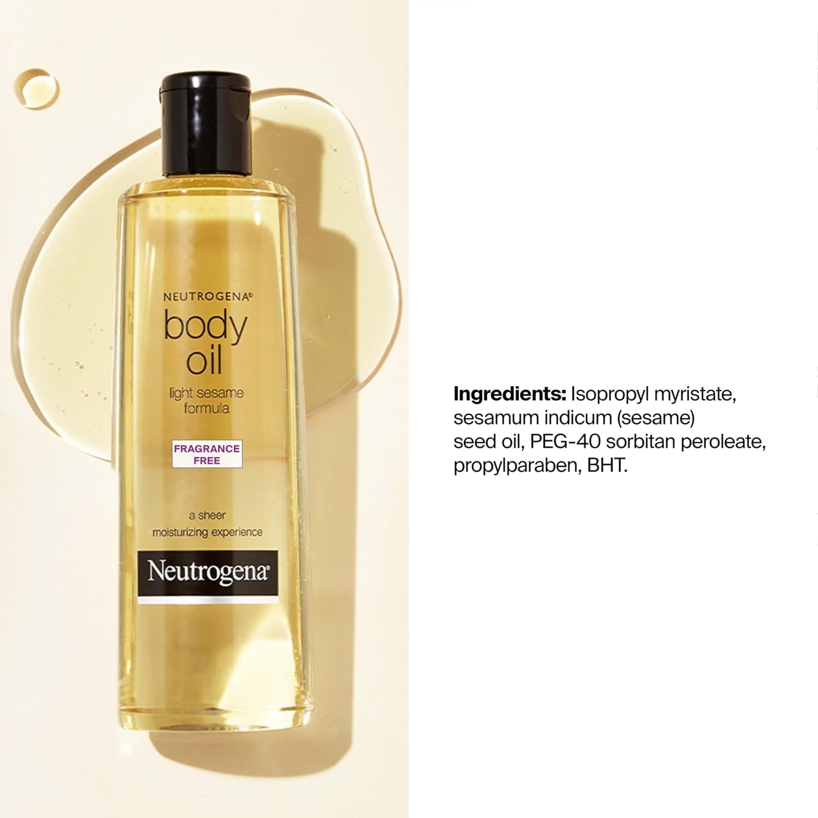 Neutrogena Body Oil Light Sesame Formula Fragrance-Free 8.5 fl.oz - Nourishing Moisturizer for Soft & Silky Skin 8