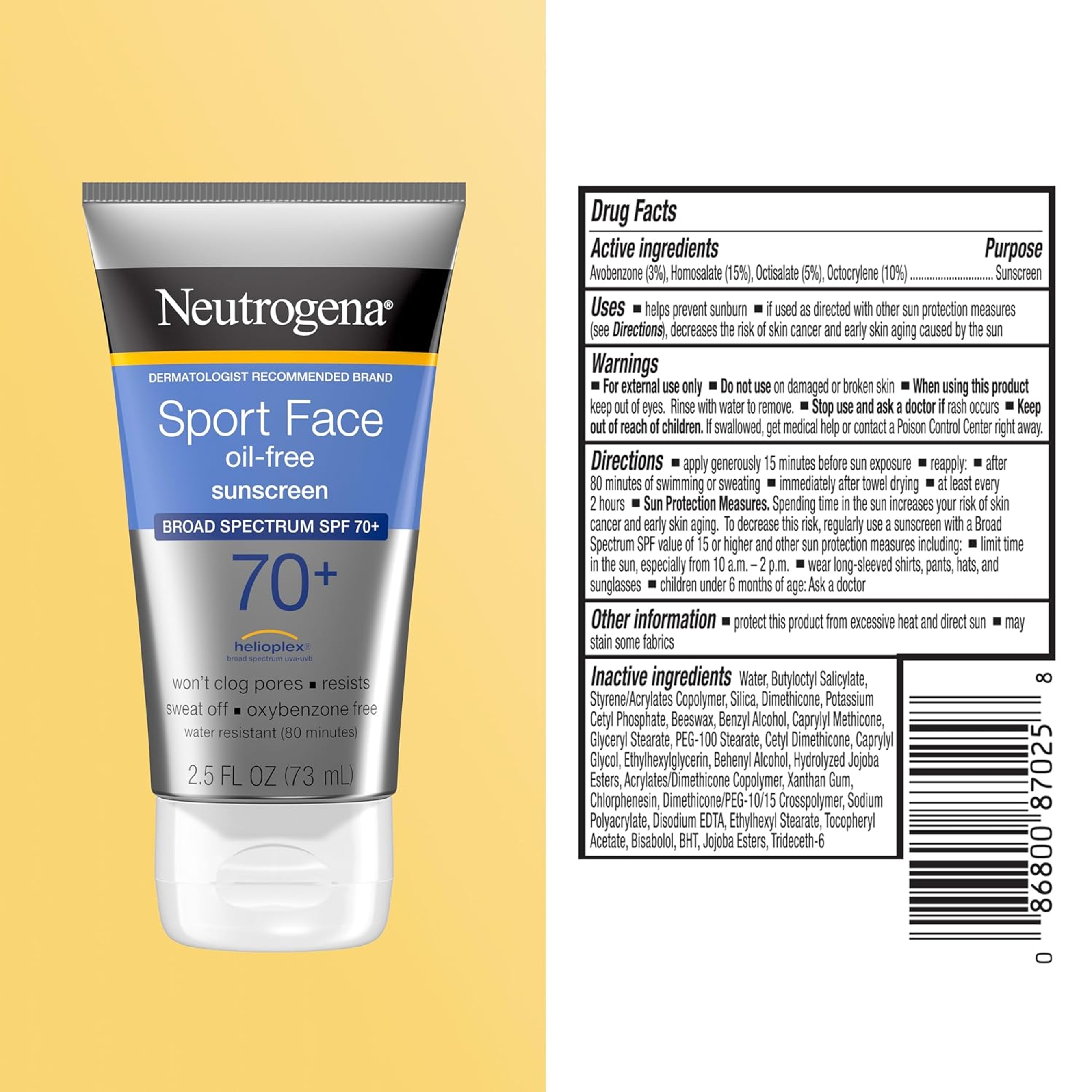 Neutrogena Sport Face Oil-Free Sunscreen SPF70+ 2.5 fl.oz - Broad Spectrum UVA/UVB Protection, Sweat-Resistant 8