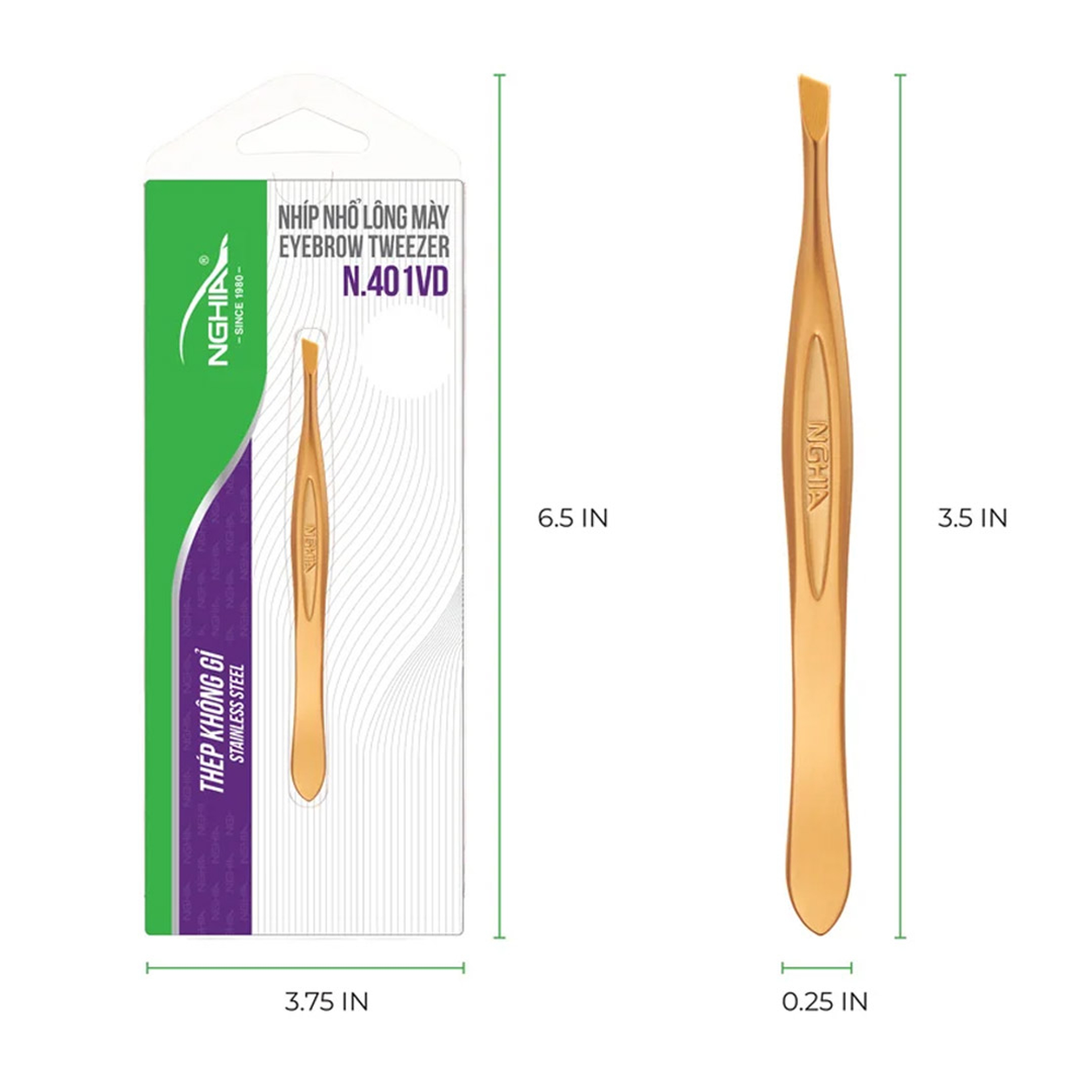 NGHIA Green Stainless Steel Slanted Tips Tweezers N-401XL 1 Count - General-Purpose Hair Removal & Shaping Eyebrows 3