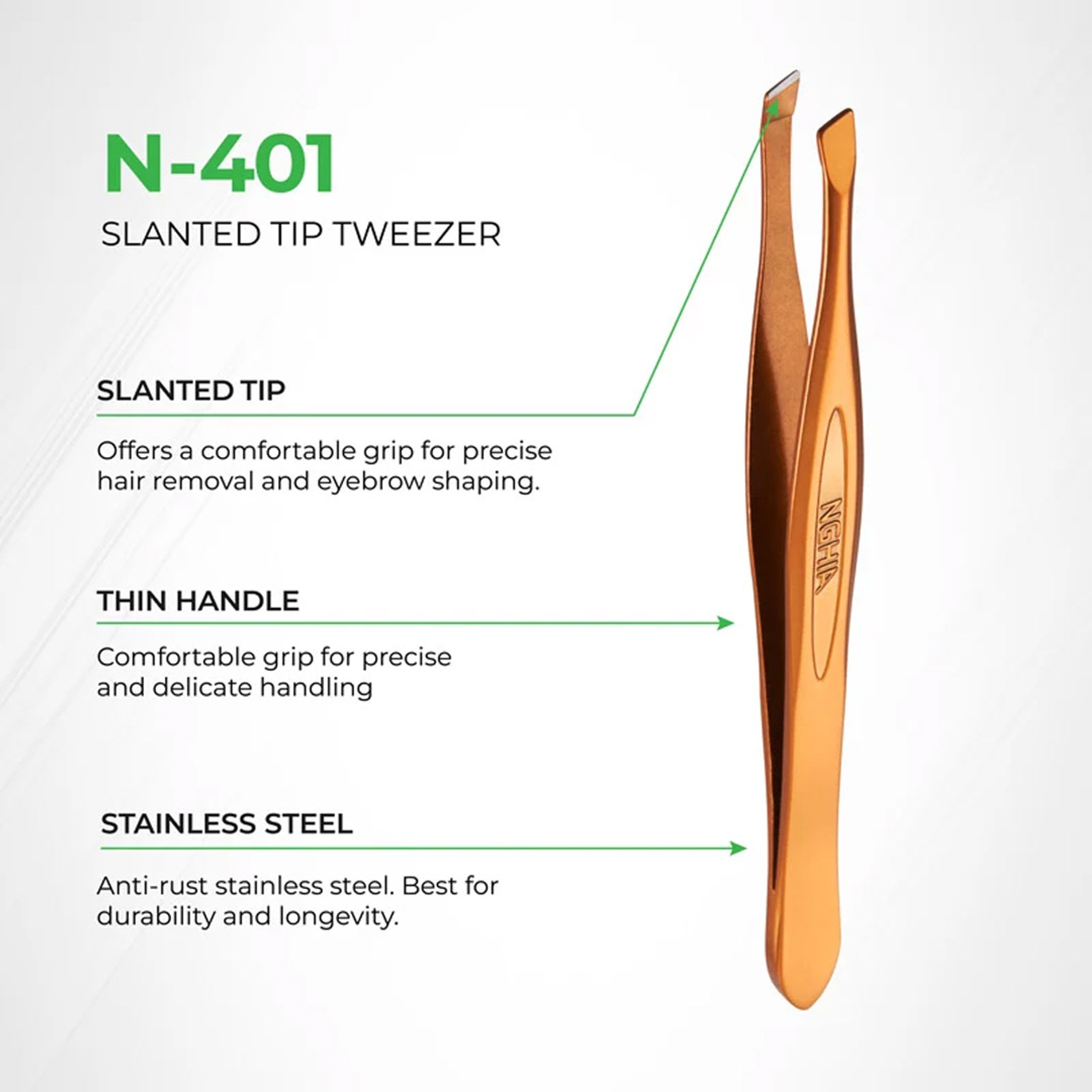 NGHIA Green Stainless Steel Slanted Tips Tweezers N-401XL 1 Count - General-Purpose Hair Removal & Shaping Eyebrows 2