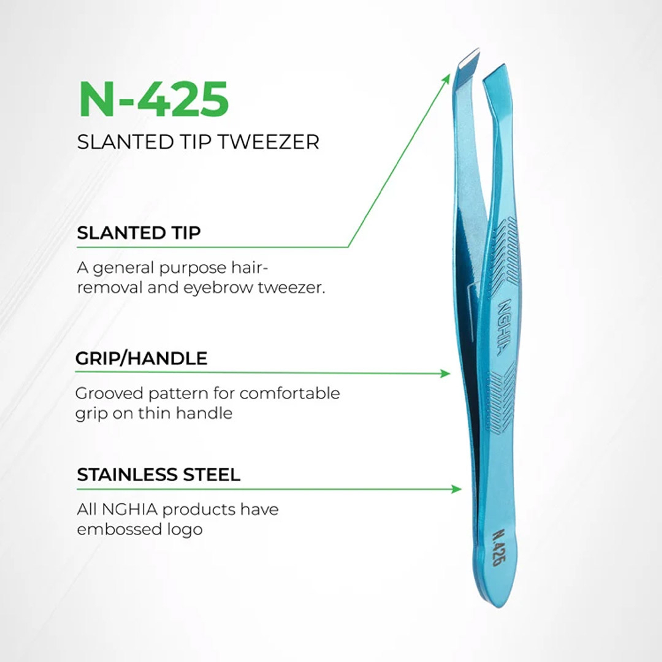 NGHIA Green Stainless Steel Slanted Tips Tweezers N-425G 1 Count - for General-Purpose Hair Removal & Shaping Eyebrows 2