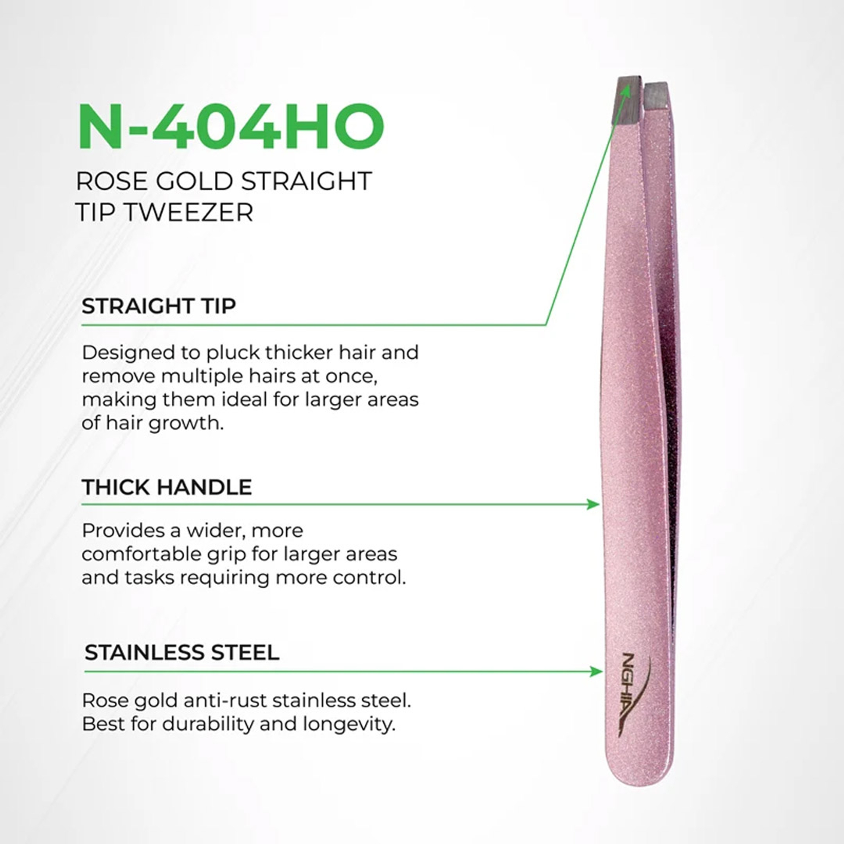 NGHIA Rose Gold Stainless Steel Straight Blades Tweezer N-404HO 1 Count - Square Tips, Thick Handle with Sparkle Finished 2