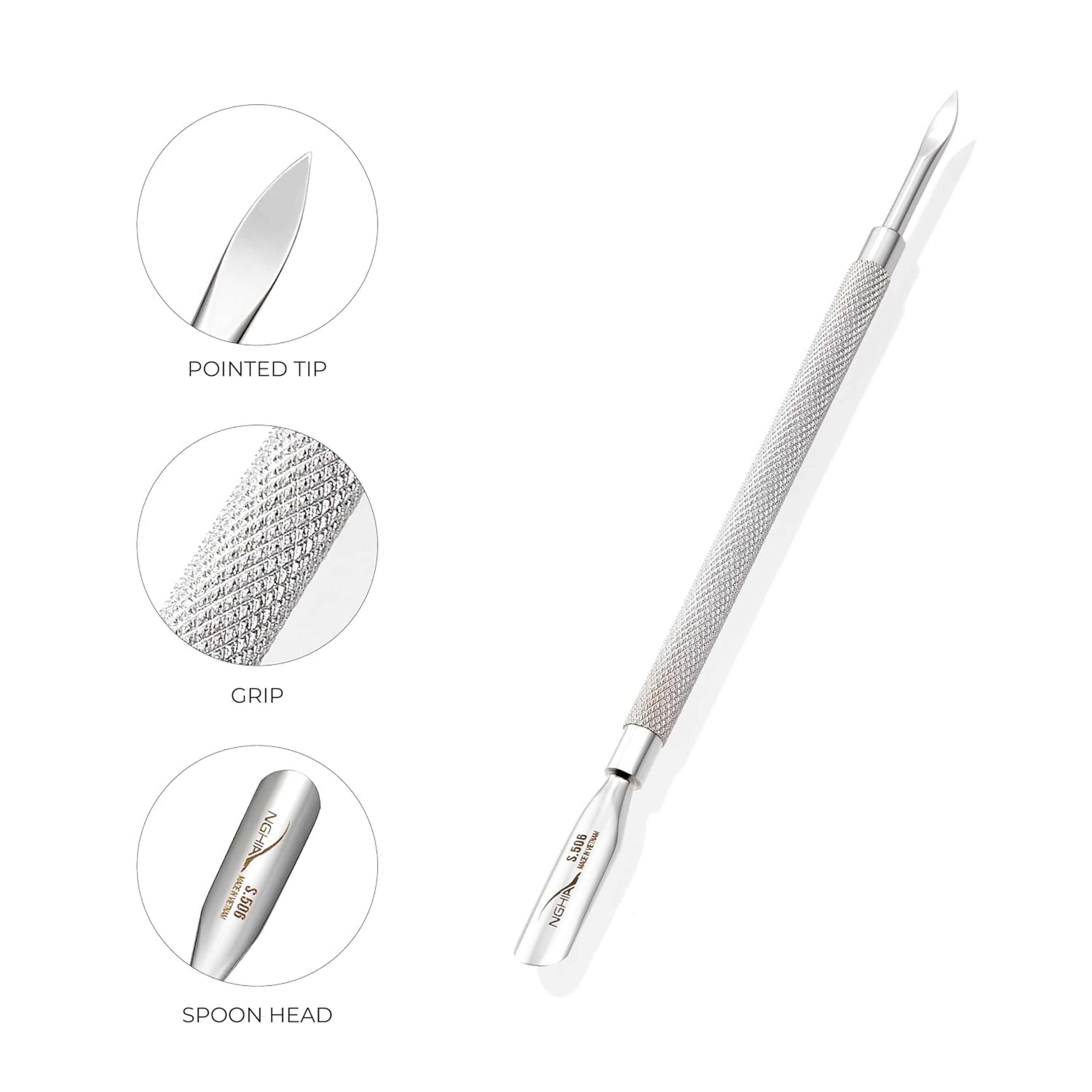 NGHIA Stainless Steel Cuticle Pusher S-506 1 Count - Double–Ended Nail Cleaner & Spoon Pusher 3